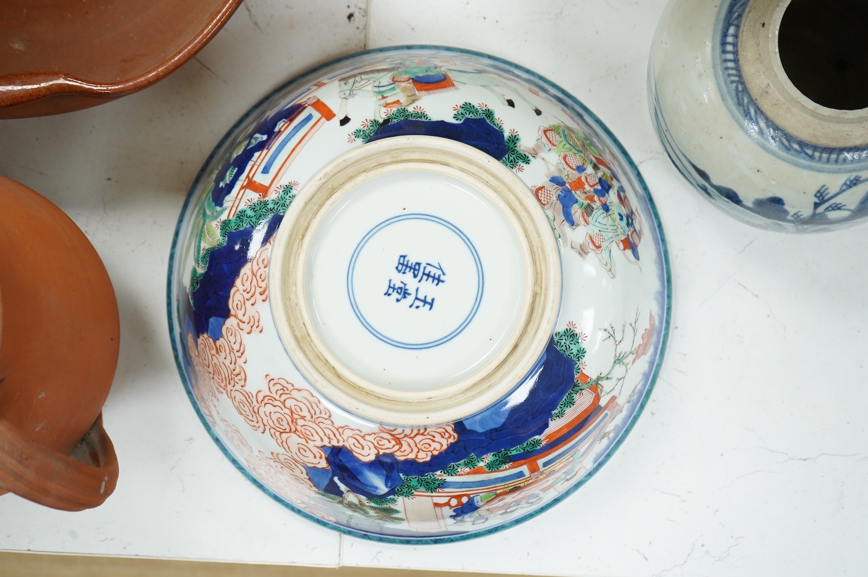 A Chinese famille verte ‘warriors’ bowl and a blue and white ginger jar, bowl 29.5cm diameter